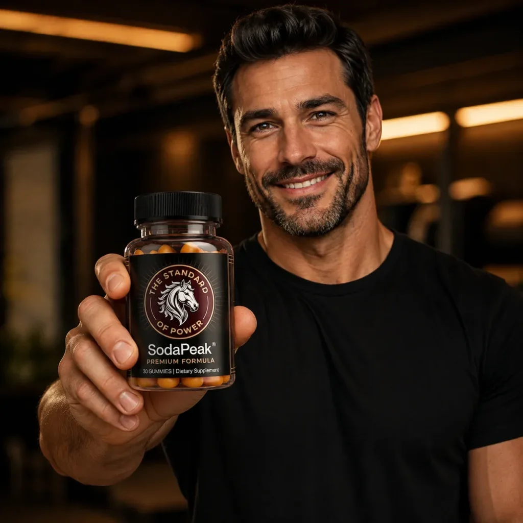 Man holding a bottle of SodaPeak Gummies